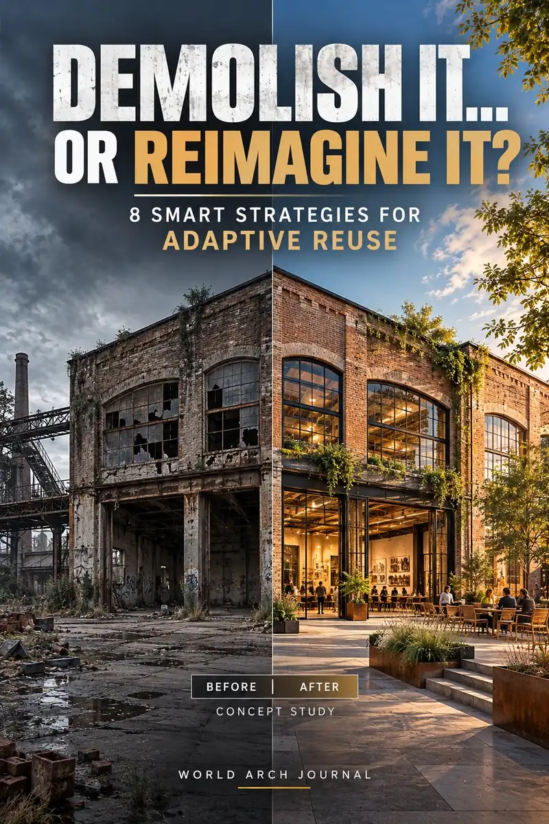 World Arch Journal cover: Demolish It or Reimagine It? 8 smart strategies for adaptive reuse — a before-and-after view of a derelict brick factory