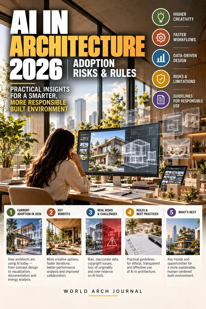 World Arch Journal cover: AI in Architecture 2026, Adoption, Risks and Rules — an architect reviewing AI-generated building designs and wireframe models on a large monitor