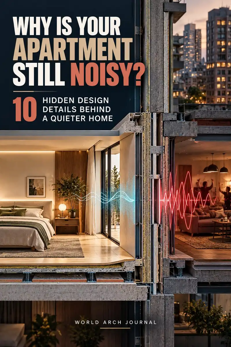 World Arch Journal cover: Why Is Your Apartment Still Noisy? 10 hidden design details behind a quieter home — a cutaway of two flats divided by a party wall