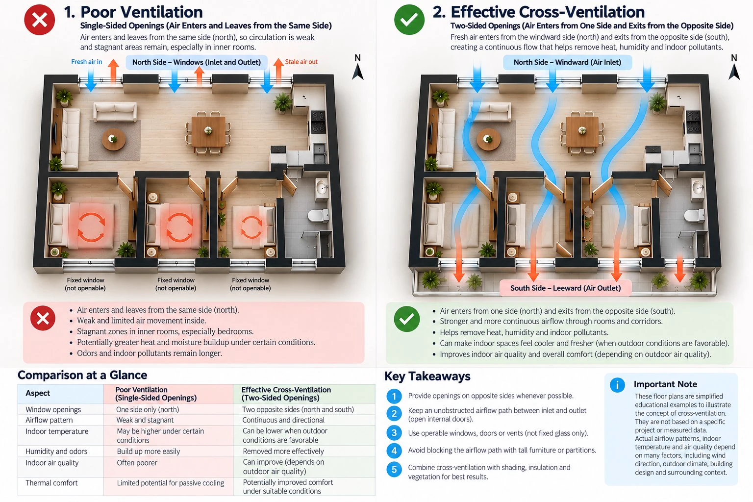 Architectural floor plans comparing single-sided ventilation and cross-ventilation, showing window openings, internal airflow patterns