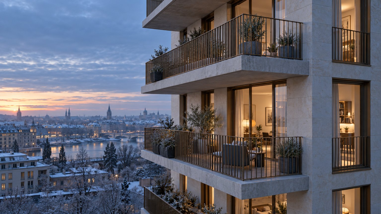 AI-assisted concept of an apartment facade with projecting balconies and warm interiors at winter dusk