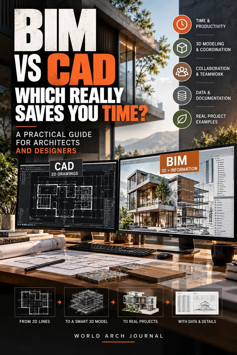 World Arch Journal cover: BIM vs CAD, Which Really Saves You Time? A practical guide for architects and designers — two monitors comparing 2D CAD drawings with a 3D BIM model