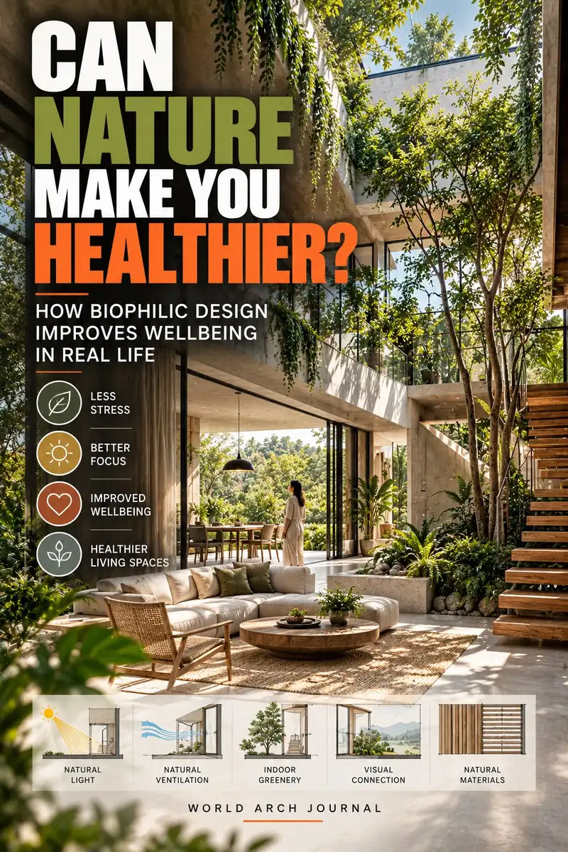 World Arch Journal cover: Can Nature Make You Healthier? How biophilic design improves wellbeing in real life — a plant-filled living space opening onto a green courtyard