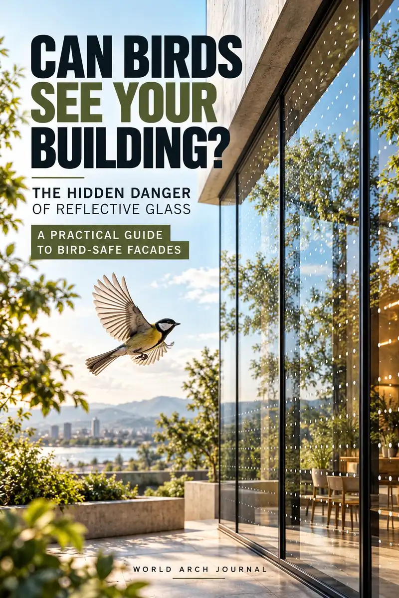 World Arch Journal cover: Can Birds See Your Building? The hidden danger of reflective glass, a practical guide to bird-safe facades — a bird flying toward a fritted glass facade