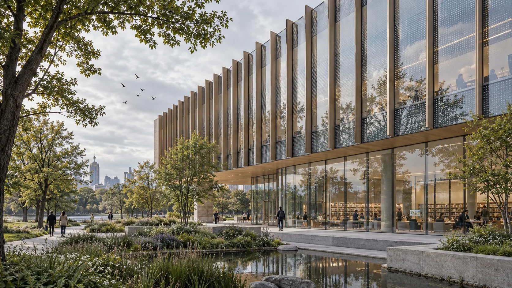 Contemporary public building with a bird-safe facade, visible external glazing pattern and planted landscape