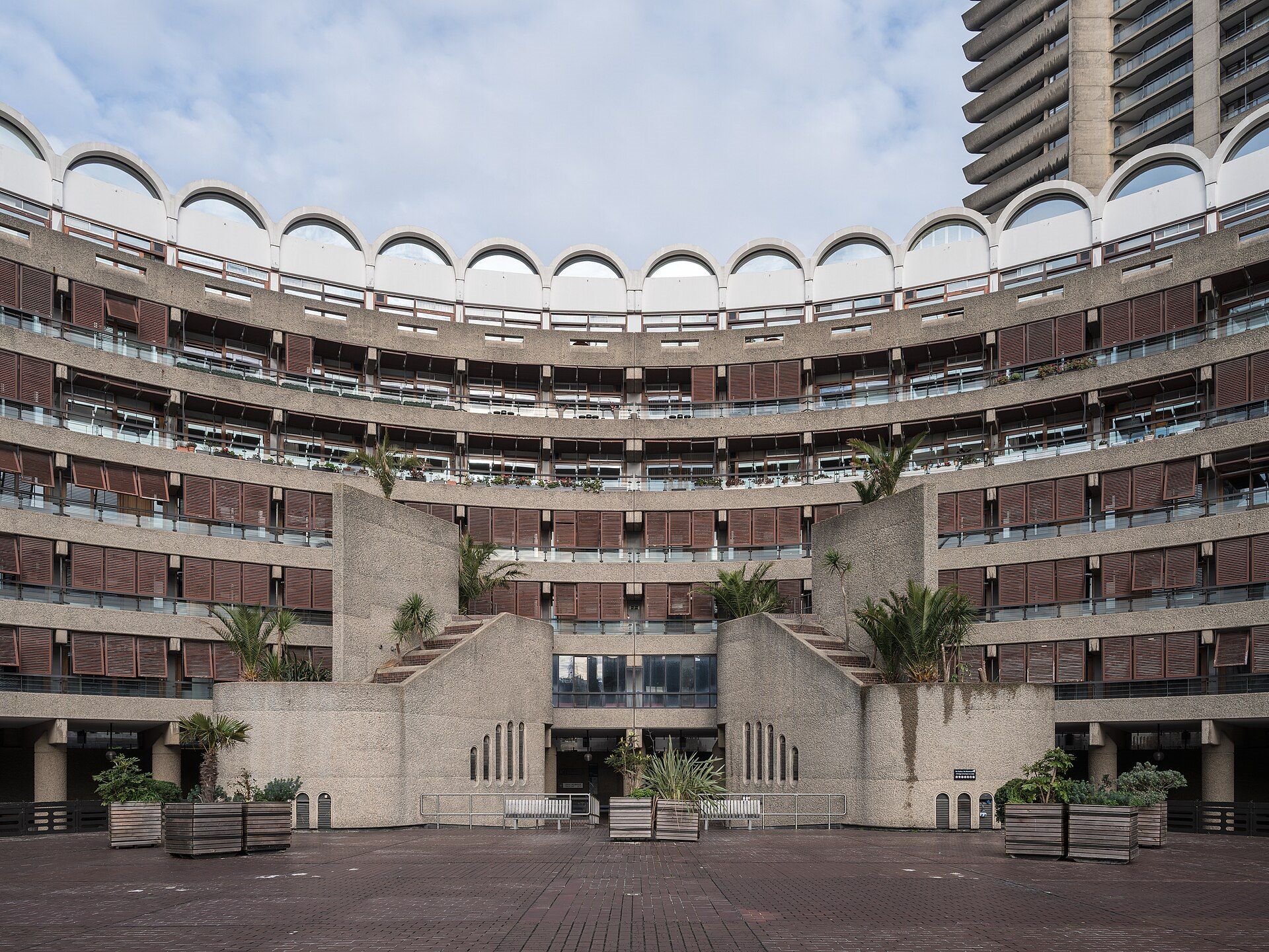 Frobisher Crescent and planted public space at the Barbican Estate in London