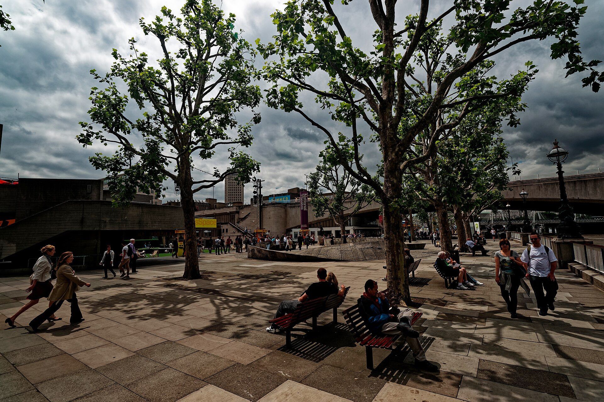 National Theatre in London with layered concrete terraces seen from the South Bank