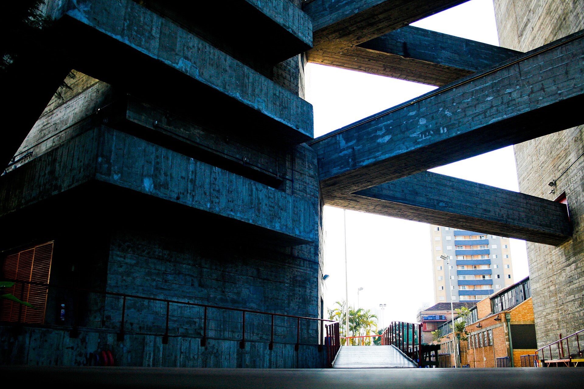 SESC Pompeia in Sao Paulo showing rough concrete towers and aerial bridges