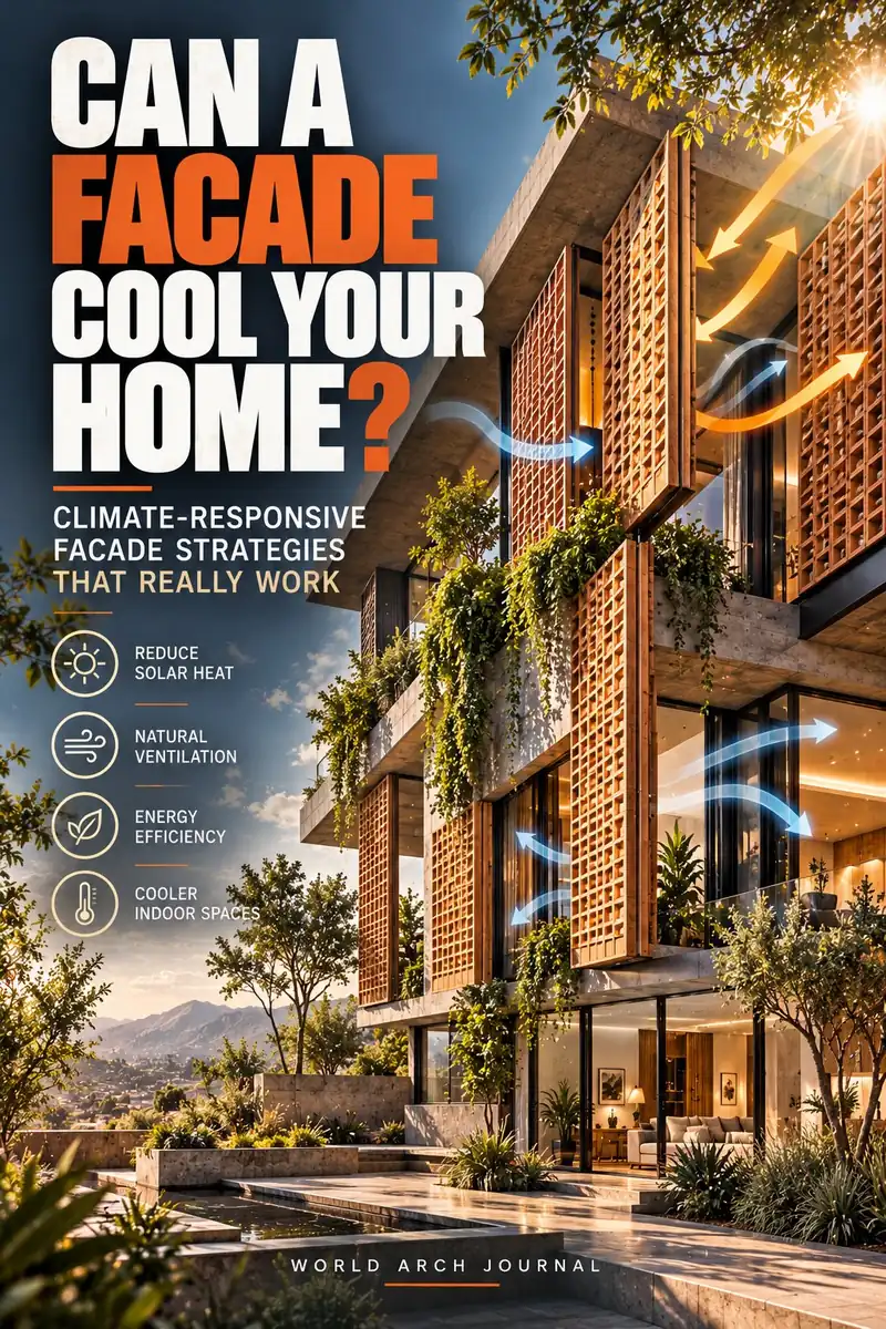 World Arch Journal cover: Can a Facade Cool Your Home? Climate-responsive facade strategies that really work — a home with perforated shading screens, planting and airflow arrows