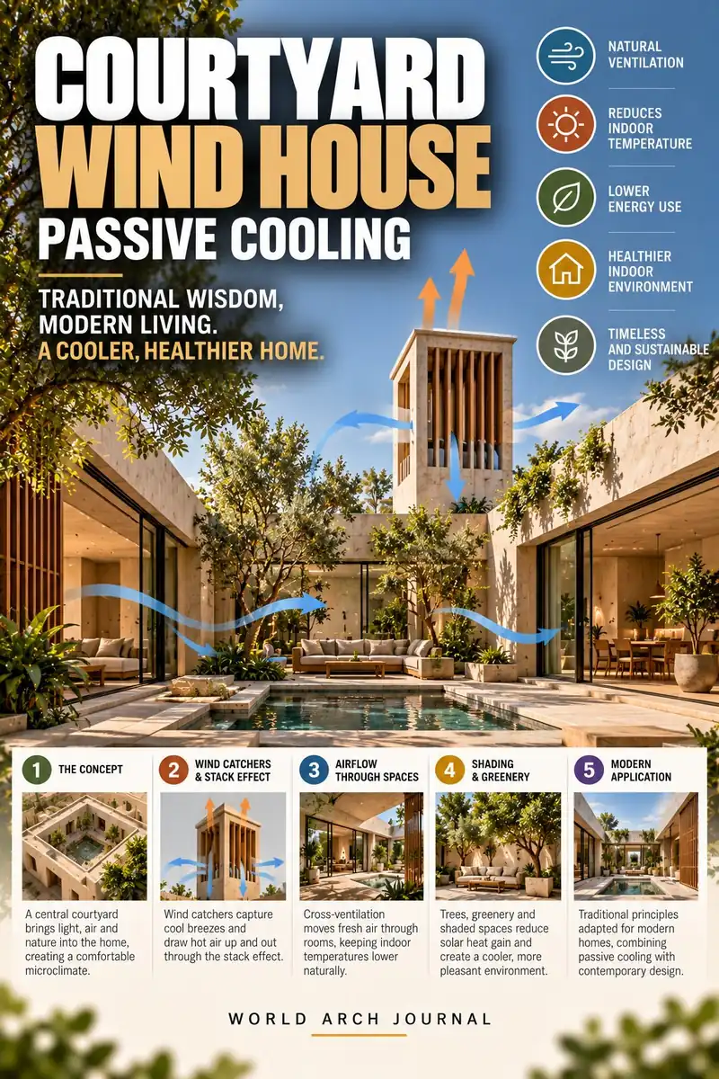 World Arch Journal cover: Courtyard Wind House, Passive Cooling — a courtyard house with a wind-catcher tower, shaded colonnades and a central water court with airflow arrows