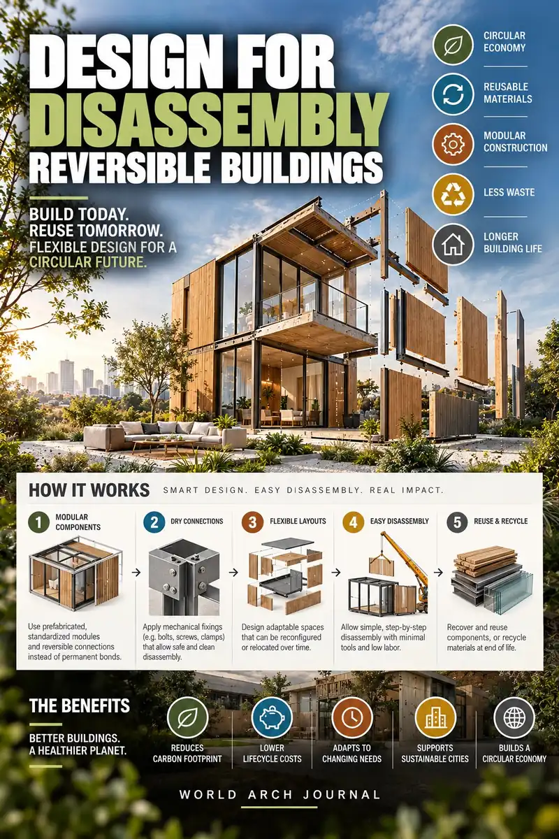 World Arch Journal cover: Design for Disassembly, Reversible Buildings — an exploded axonometric of a modular timber house with its panels lifting away, and a How It Works strip