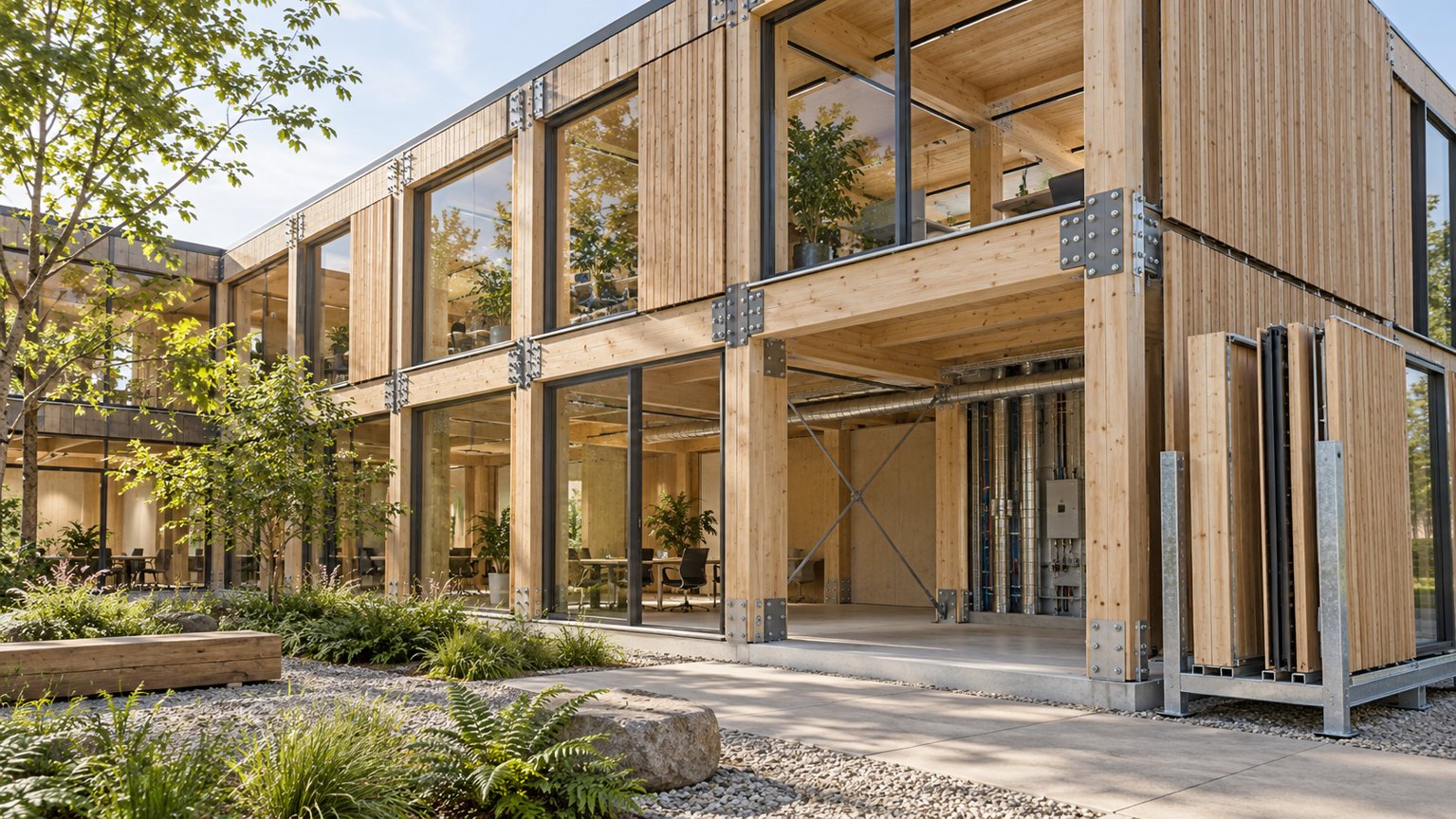 AI-assisted concept of a timber and steel workplace showing separate facade panels and an exposed services bay
