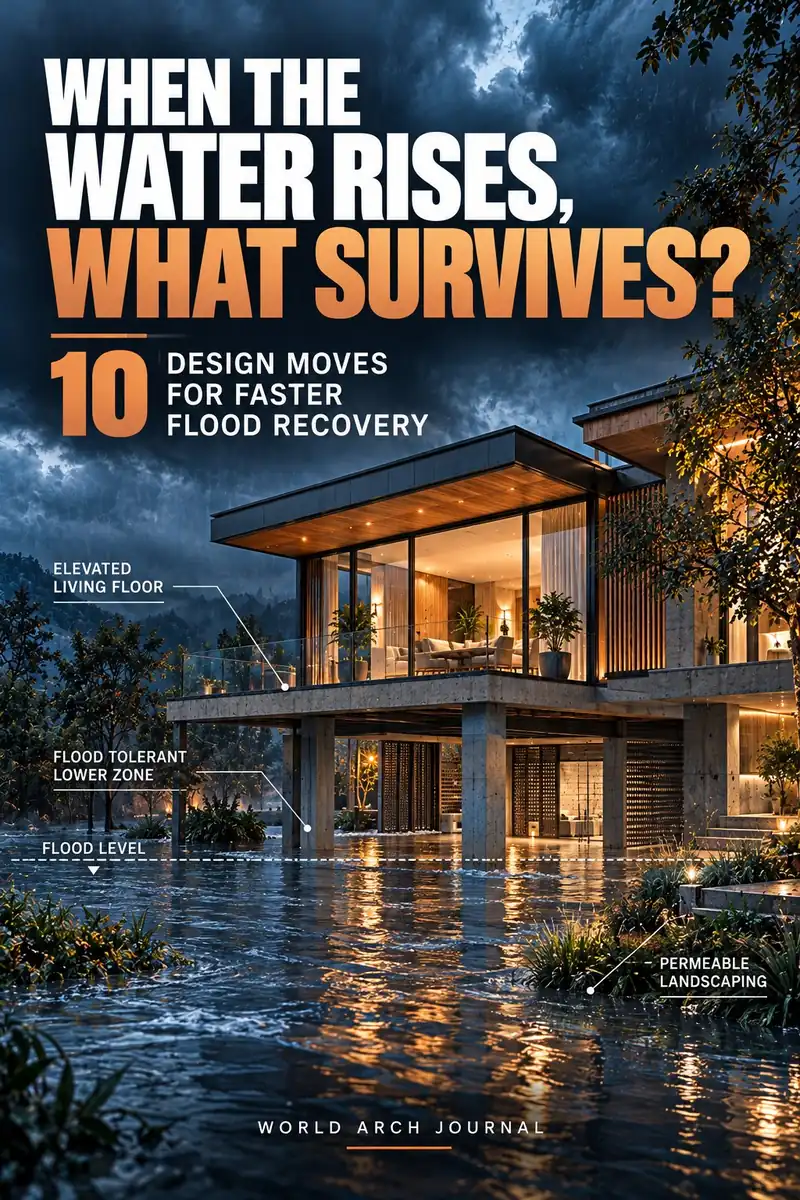 World Arch Journal cover: When the Water Rises, What Survives? 10 design moves for faster flood recovery — an elevated house standing above flood water at dusk