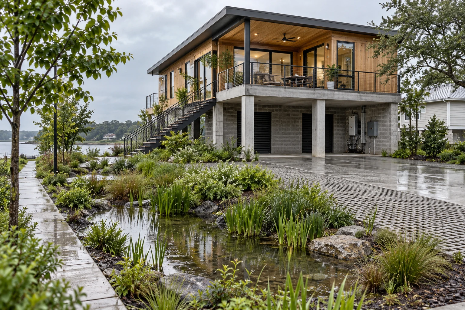 Original editorial view of a raised flood-resilient home beside a planted rain garden and permeable approach