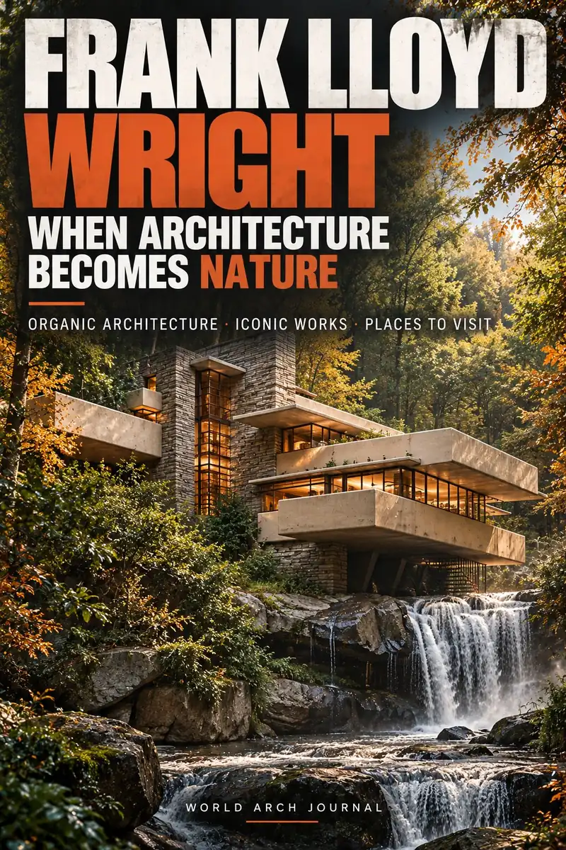 World Arch Journal cover: Frank Lloyd Wright, When Architecture Becomes Nature — organic architecture, iconic works and places to visit, over Fallingwater