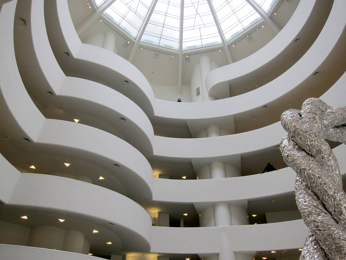 Inside the Guggenheim Museum, looking across the stacked curves of the continuous exhibition ramp