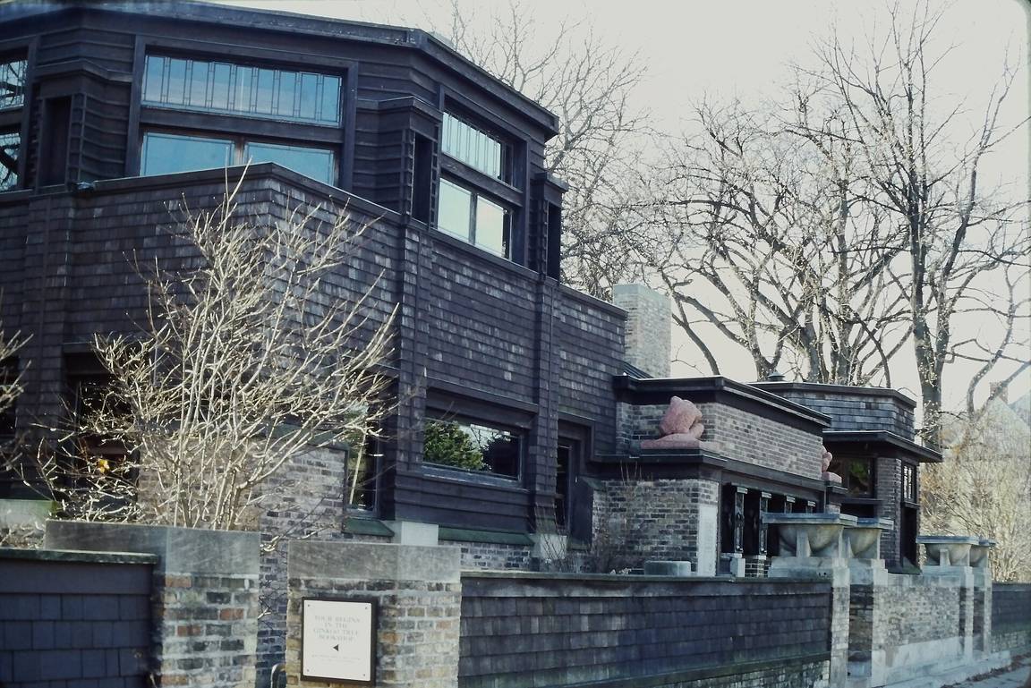 Frank Lloyd Wright's Home and Studio in Oak Park, Illinois, with dark shingled walls and the studio entrance