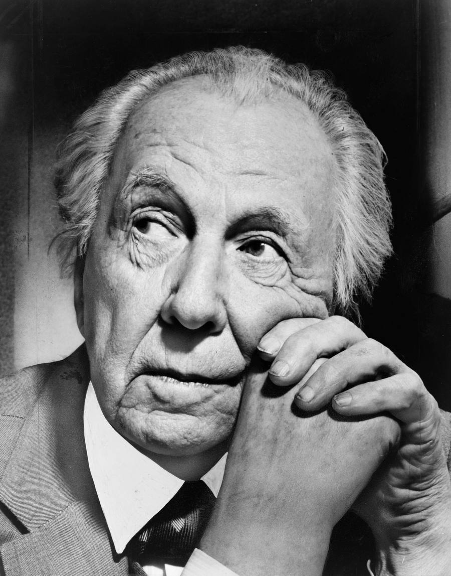 Black-and-white portrait photograph of Frank Lloyd Wright in later life, wearing a suit and tie