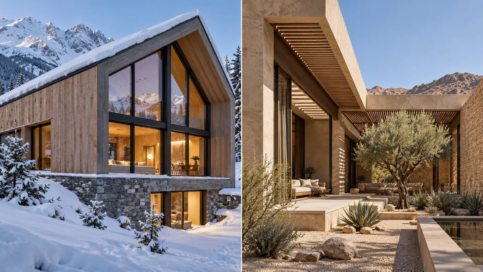 Original editorial comparison of a cold-climate glazed house and a hot-arid shaded courtyard facade