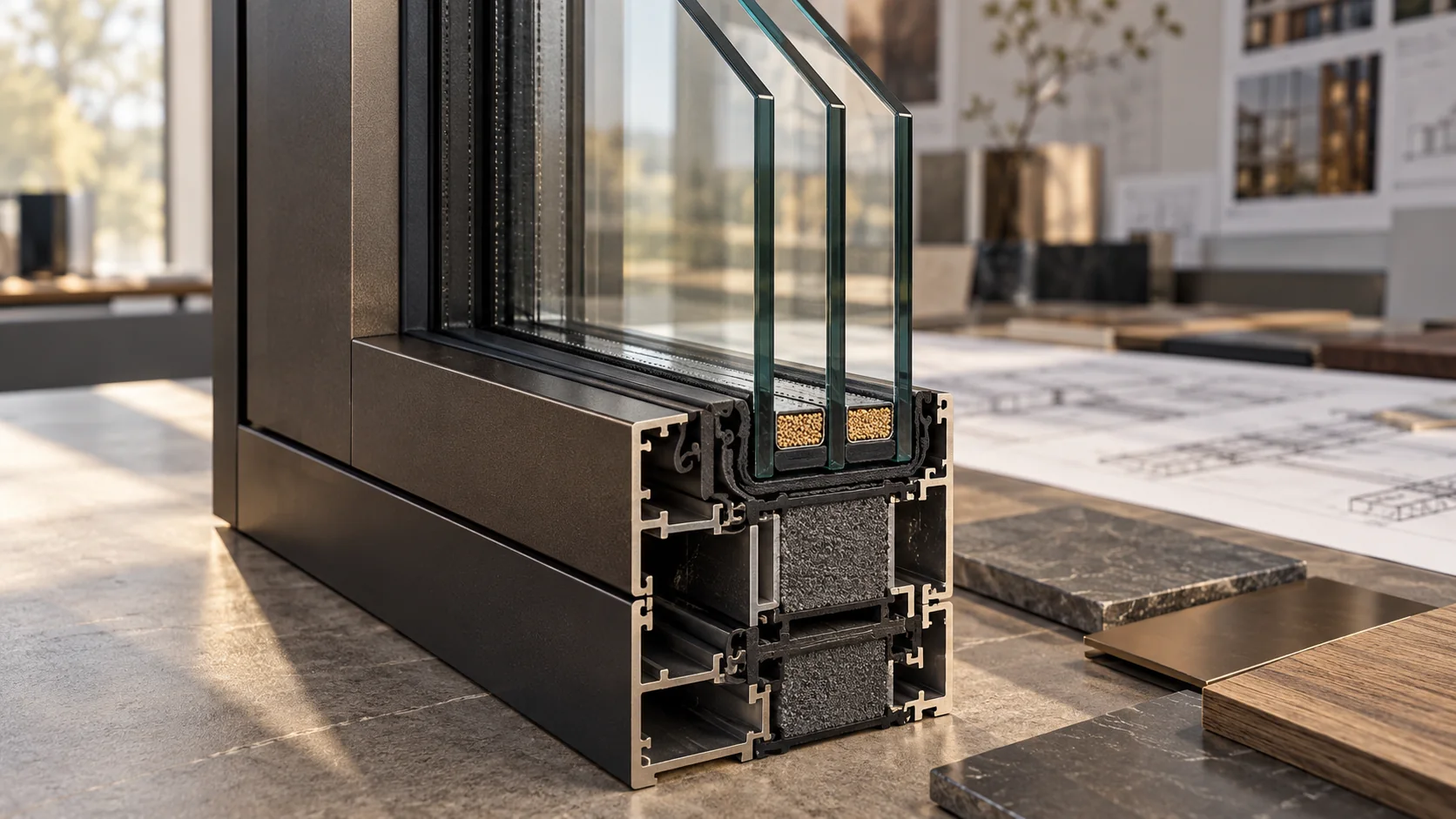 Original editorial close-up of a triple-glazed unit with visible panes, sealed cavities, warm-edge spacers and a thermally broken frame
