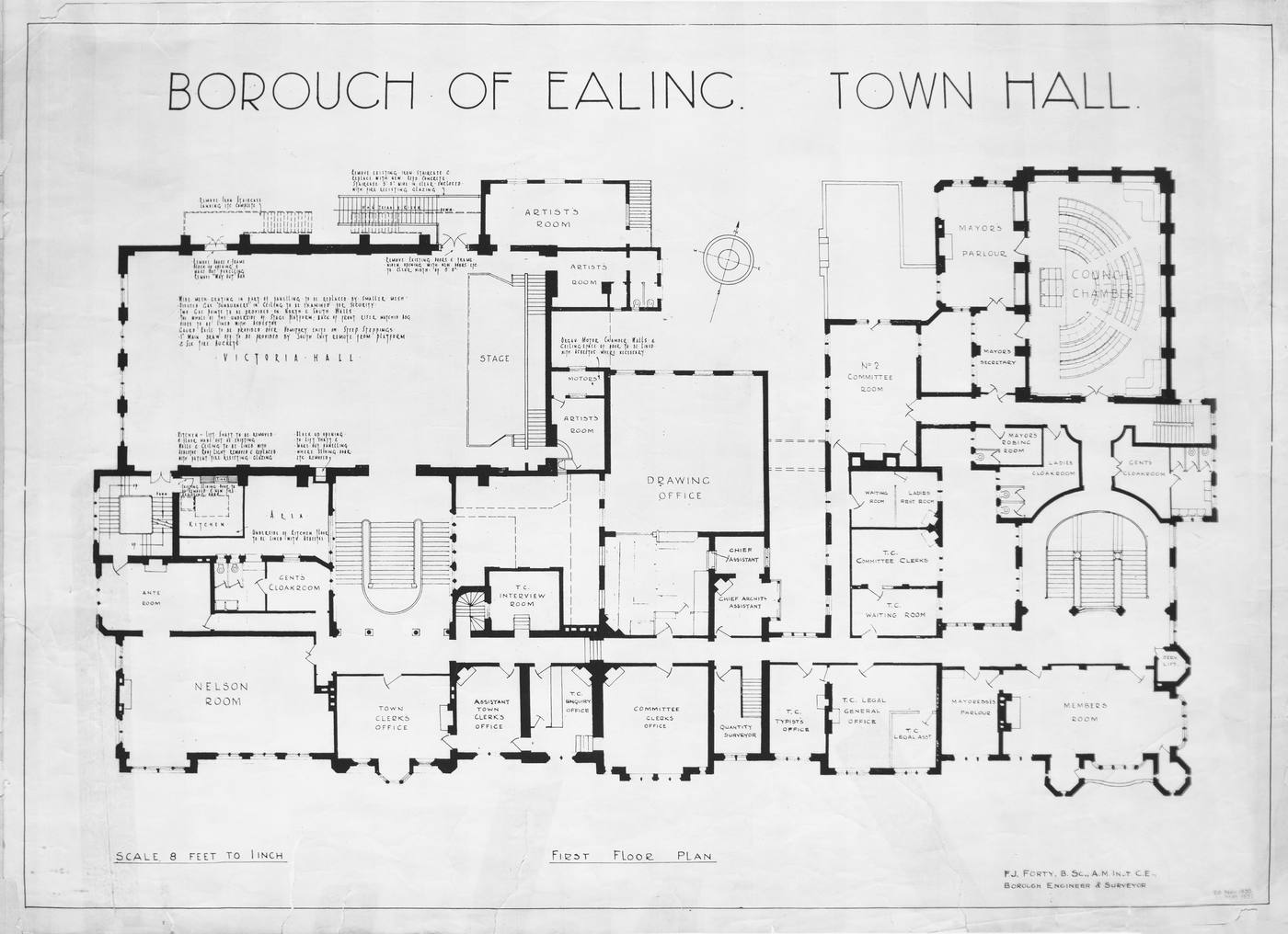 First-floor plan of Ealing Town Hall, drawn in 1937 — walls, rooms and openings in a clean measured drawing