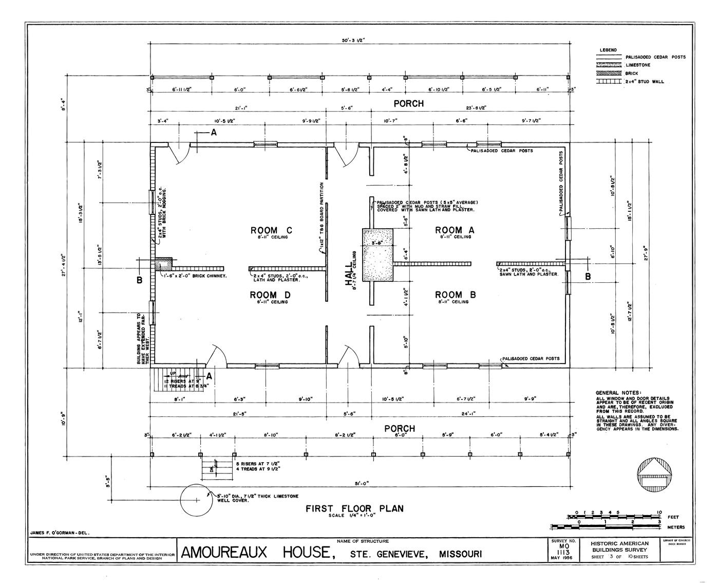First-floor plan of the Amoureaux House — walls, openings and room relationships drawn in outline