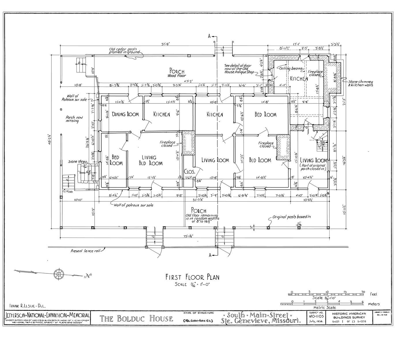 Measured floor plan of Bolduc House in Ste Genevieve, Missouri — scale bars and dimension strings in action