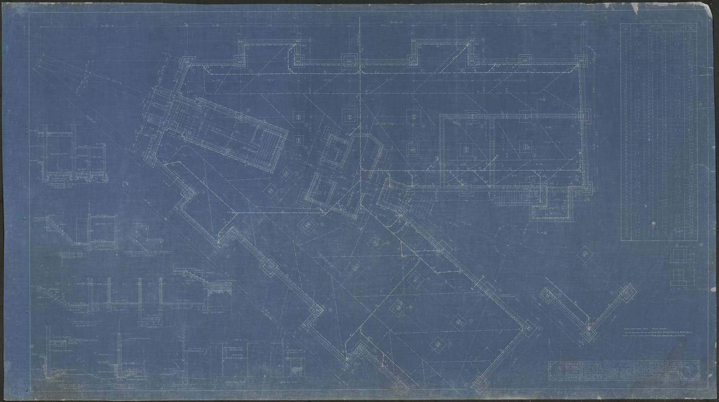 Blueprint of the Moreland Courts apartment block — dimension strings layered around the whole plan