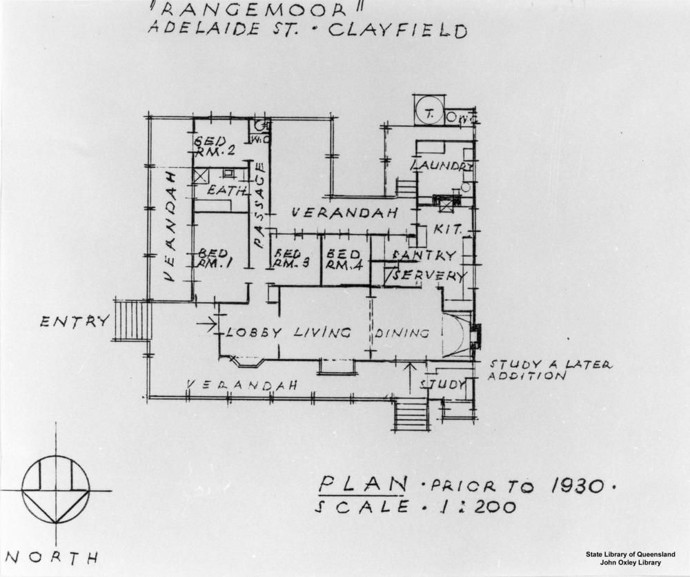 Floor plan of the four-bedroom 'Rangemoor' house — a compact plan whose labelled rooms need checking against reality