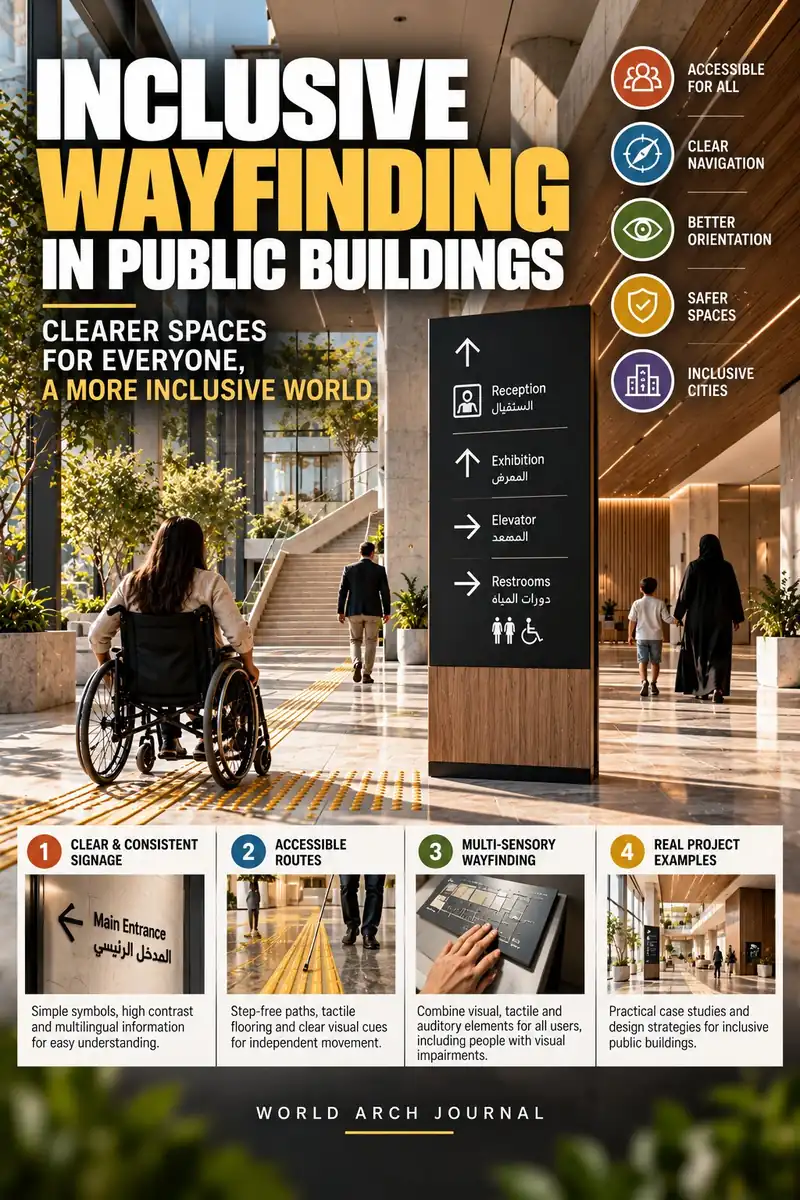 World Arch Journal cover: Inclusive Wayfinding in Public Buildings, clearer spaces for everyone — a wheelchair user following tactile paving past a large multilingual direction totem in a public lobby