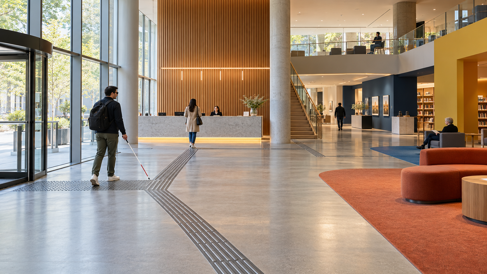 Bright civic library lobby with clear destinations, a tactile route and visitors with different mobility needs