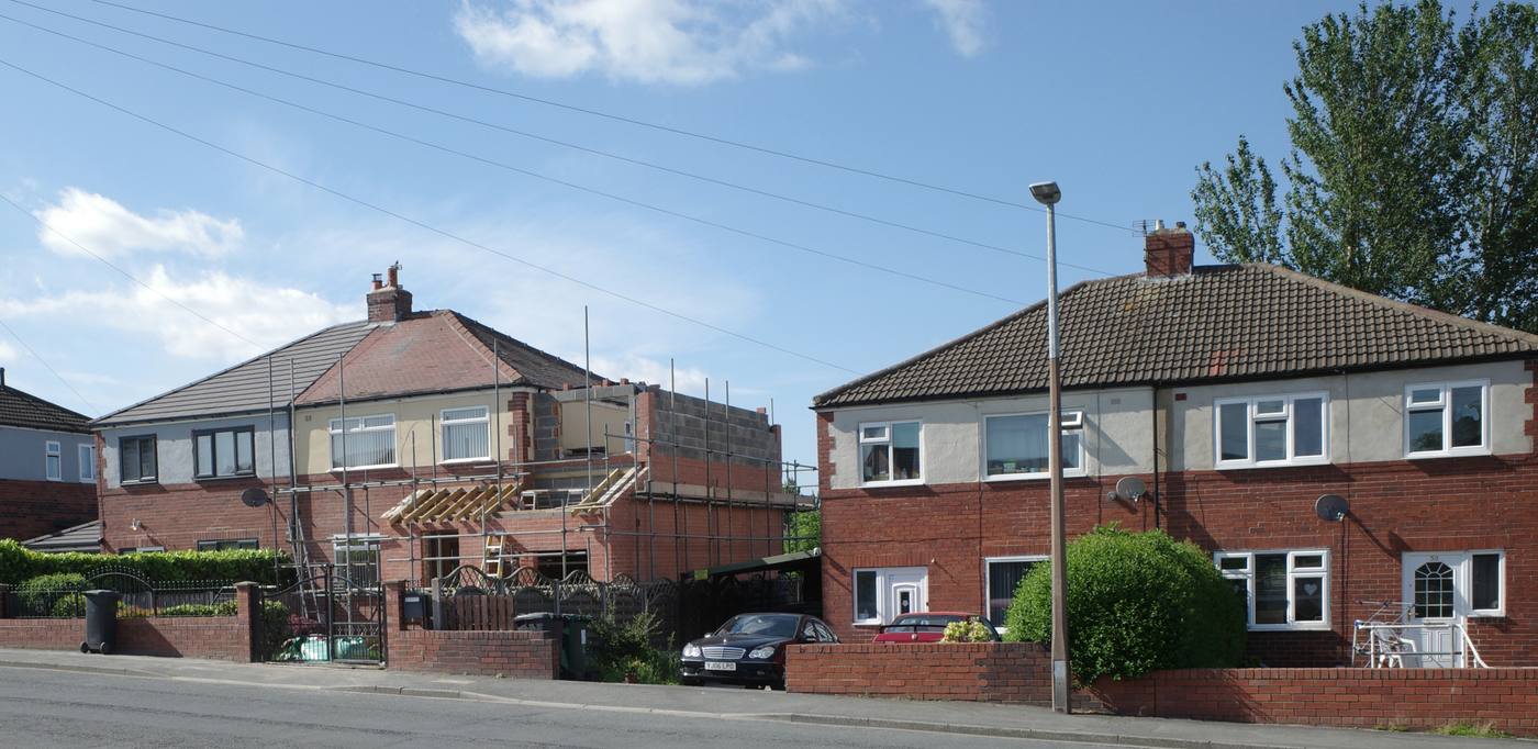 A house extension under construction in Liversedge, West Yorkshire — structure before finishes