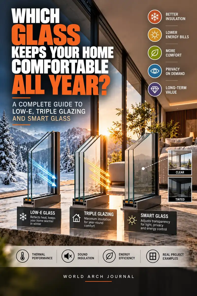 World Arch Journal cover: Which Glass Keeps Your Home Comfortable All Year? A complete guide to Low-E, triple glazing and smart glass — three glazing units compared on a windowsill
