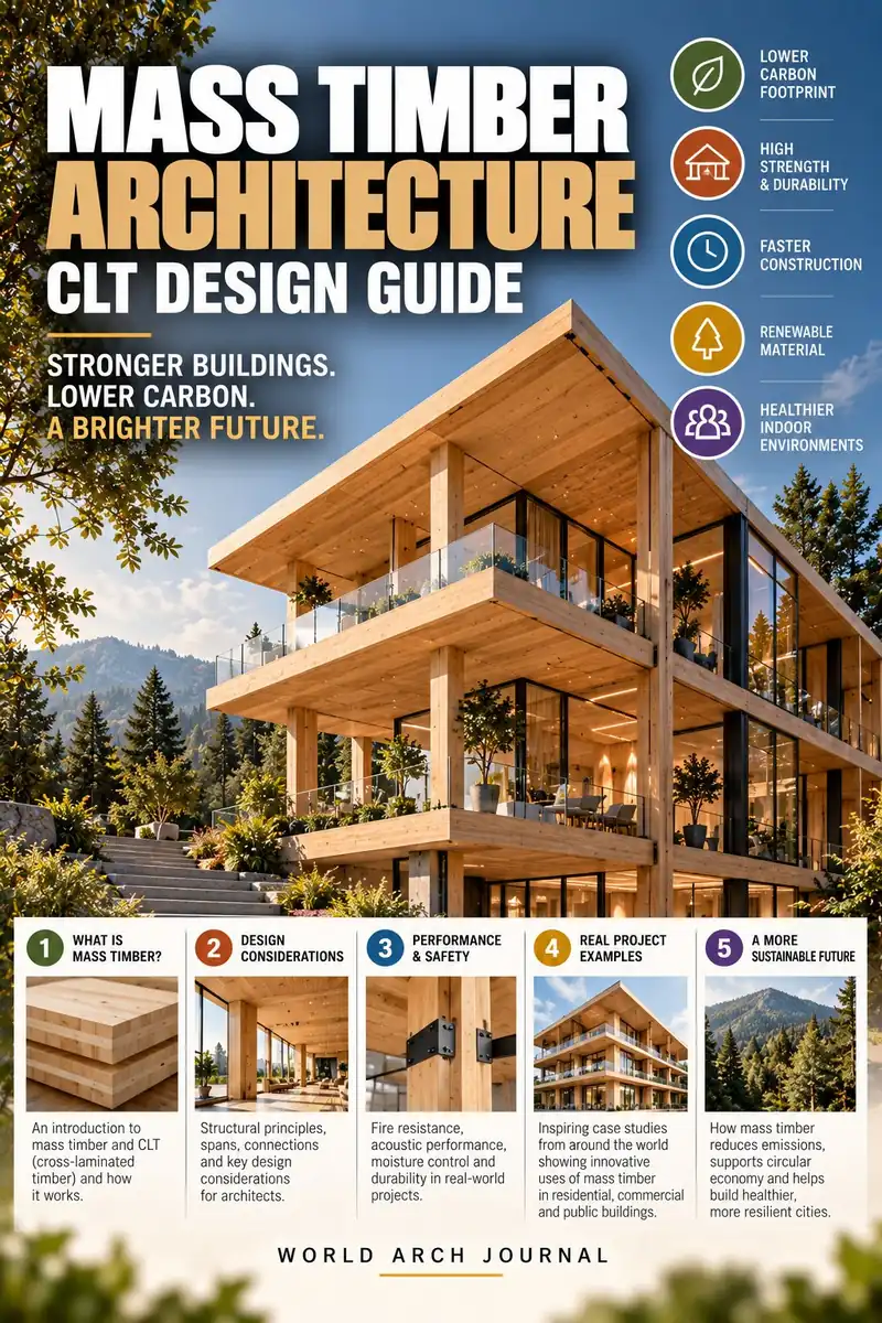 World Arch Journal cover: Mass Timber Architecture, CLT Design Guide — a multi-storey cross-laminated timber building with exposed wooden structure and glass balconies above a forest