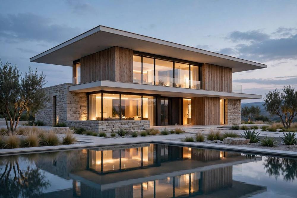 Exterior of a modern villa design with clean lines and natural materials