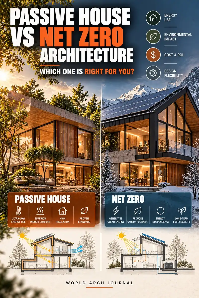 World Arch Journal cover: Passive House vs Net Zero Architecture, Which One Is Right for You? — a split comparison of a passive house and a solar net-zero home with section diagrams