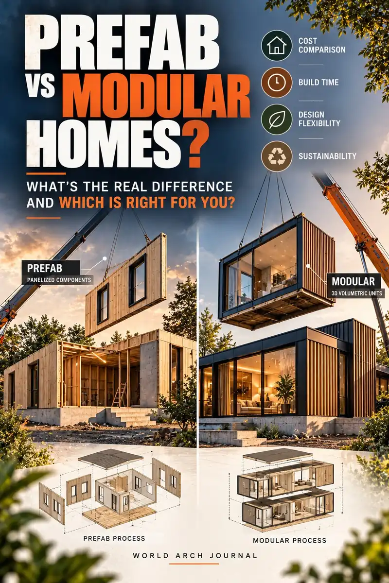 World Arch Journal cover: Prefab vs Modular Homes? What the real difference is and which is right for you — cranes lifting a panelised prefab wall and a volumetric modular unit