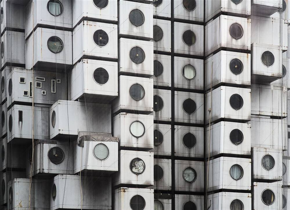 Detail of the Nakagin Capsule Tower in Tokyo showing attached modular capsules before demolition
