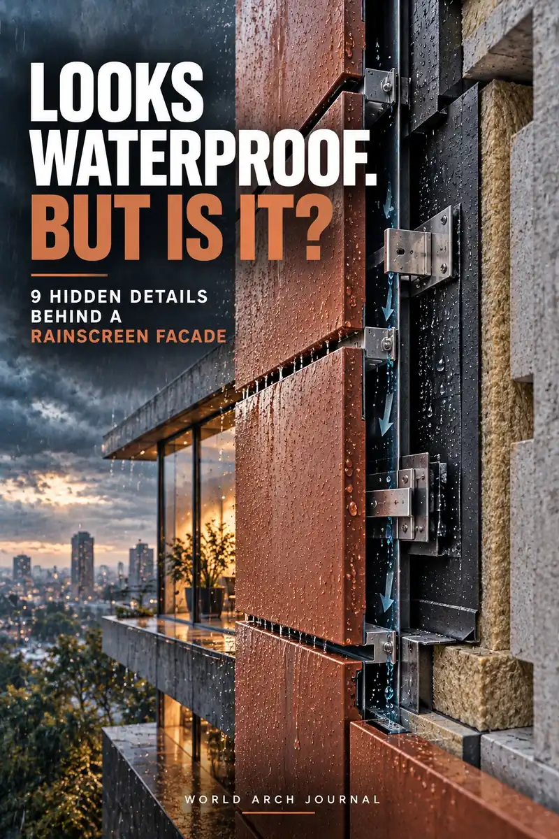 World Arch Journal cover: Looks Waterproof. But Is It? 9 hidden details behind a rainscreen facade — a cutaway through a rainscreen cladding cavity in the rain