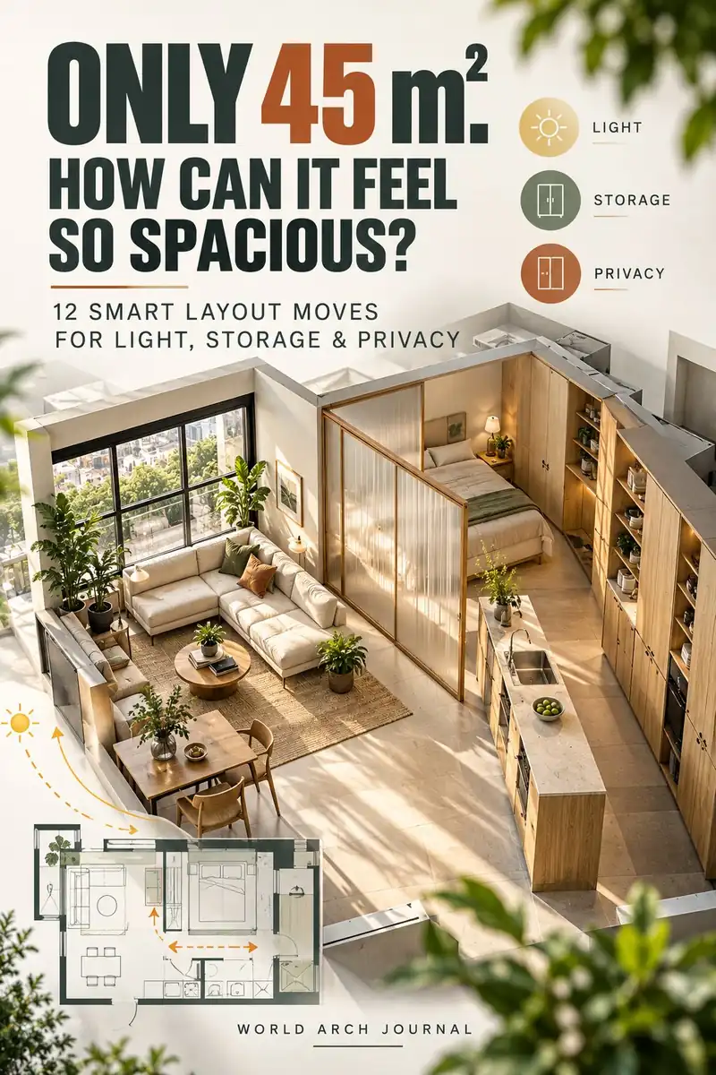 World Arch Journal cover: Only 45 m². How Can It Feel So Spacious? 12 smart layout moves for light, storage and privacy — an isometric cutaway of a small apartment