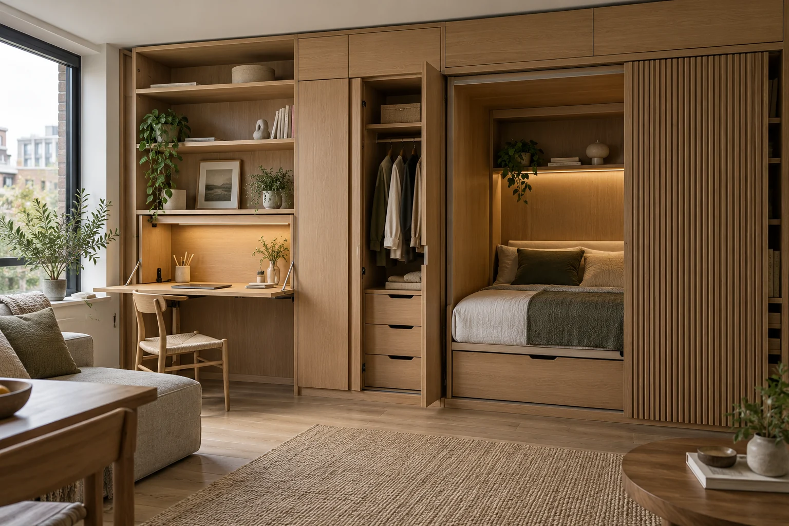 Original editorial compact-apartment joinery wall integrating storage, desk, wardrobe and sleeping niche