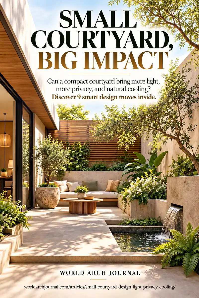 World Arch Journal cover: Small Courtyard, Big Impact — can a compact courtyard bring more light, more privacy and natural cooling? Discover 9 smart design moves inside — a planted courtyard with a water rill