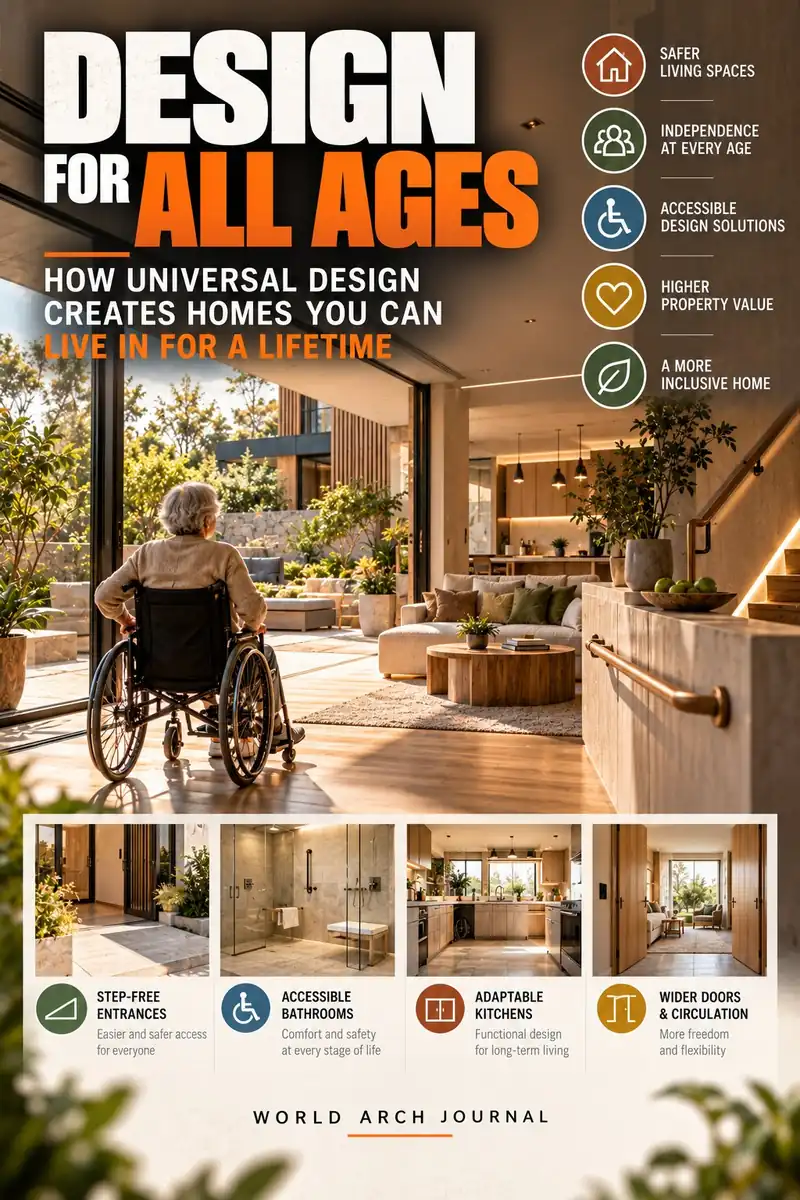World Arch Journal cover: Design for All Ages, how universal design creates homes you can live in for a lifetime — a step-free open-plan home with a wheelchair user looking onto the terrace