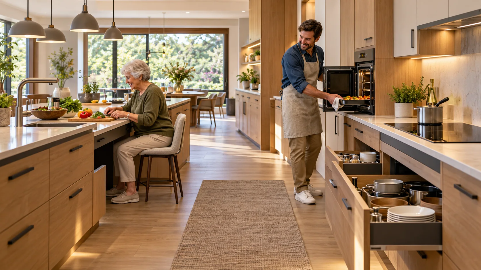 Original editorial kitchen with multiple work heights, seated preparation, reachable drawers and side-opening oven