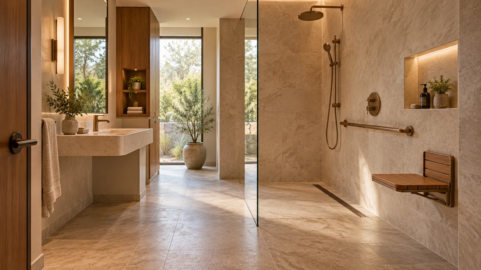 Original editorial age-friendly bathroom with level shower, linear drain, support rail, fold-down seat and accessible basin