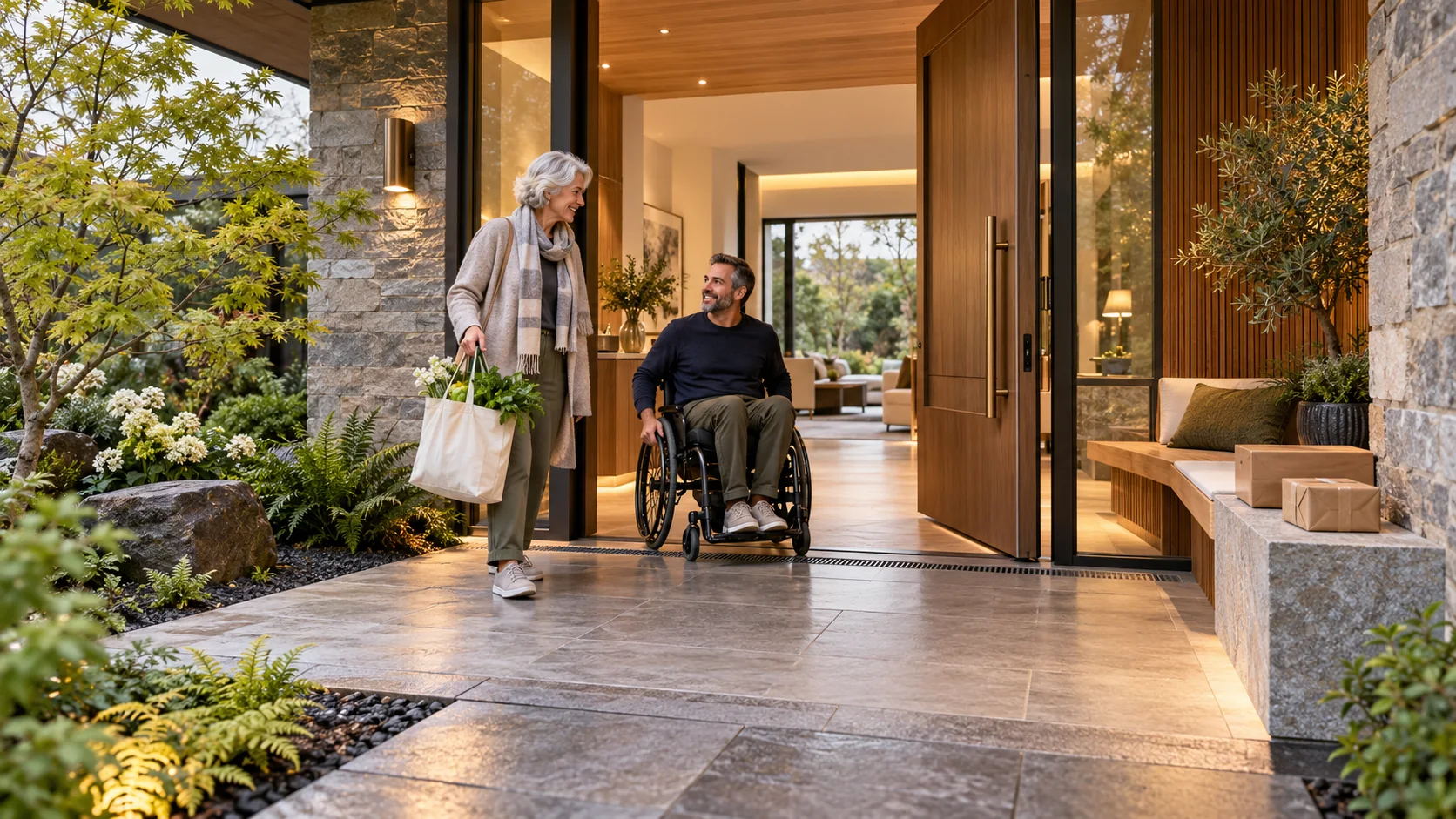 Original editorial image of an older resident and wheelchair user sharing a sheltered level entrance with seating and drainage