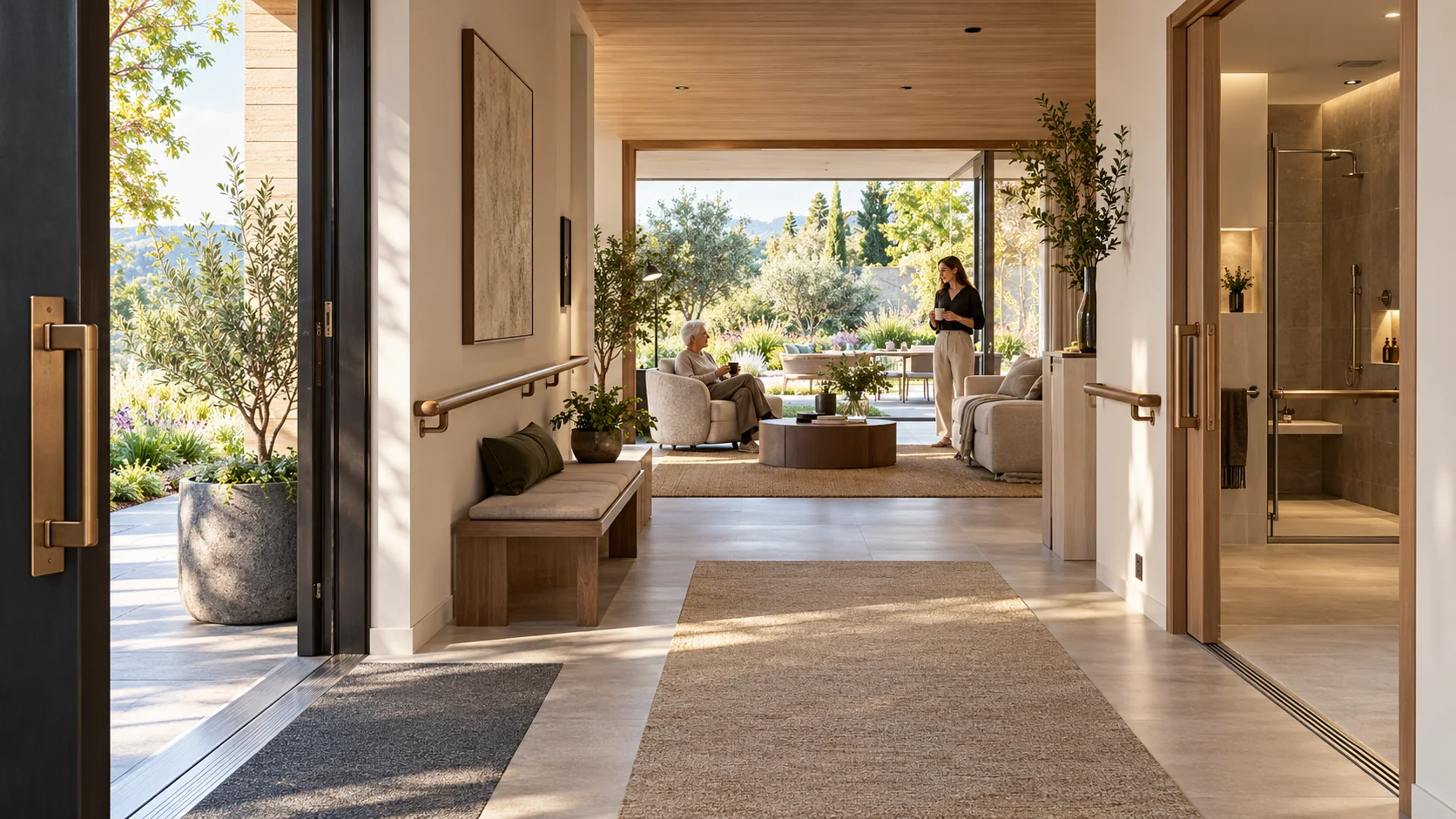 Original editorial illustration of a warm contemporary universal-design home with a level entrance, broad circulation, accessible bathroom and garden connection