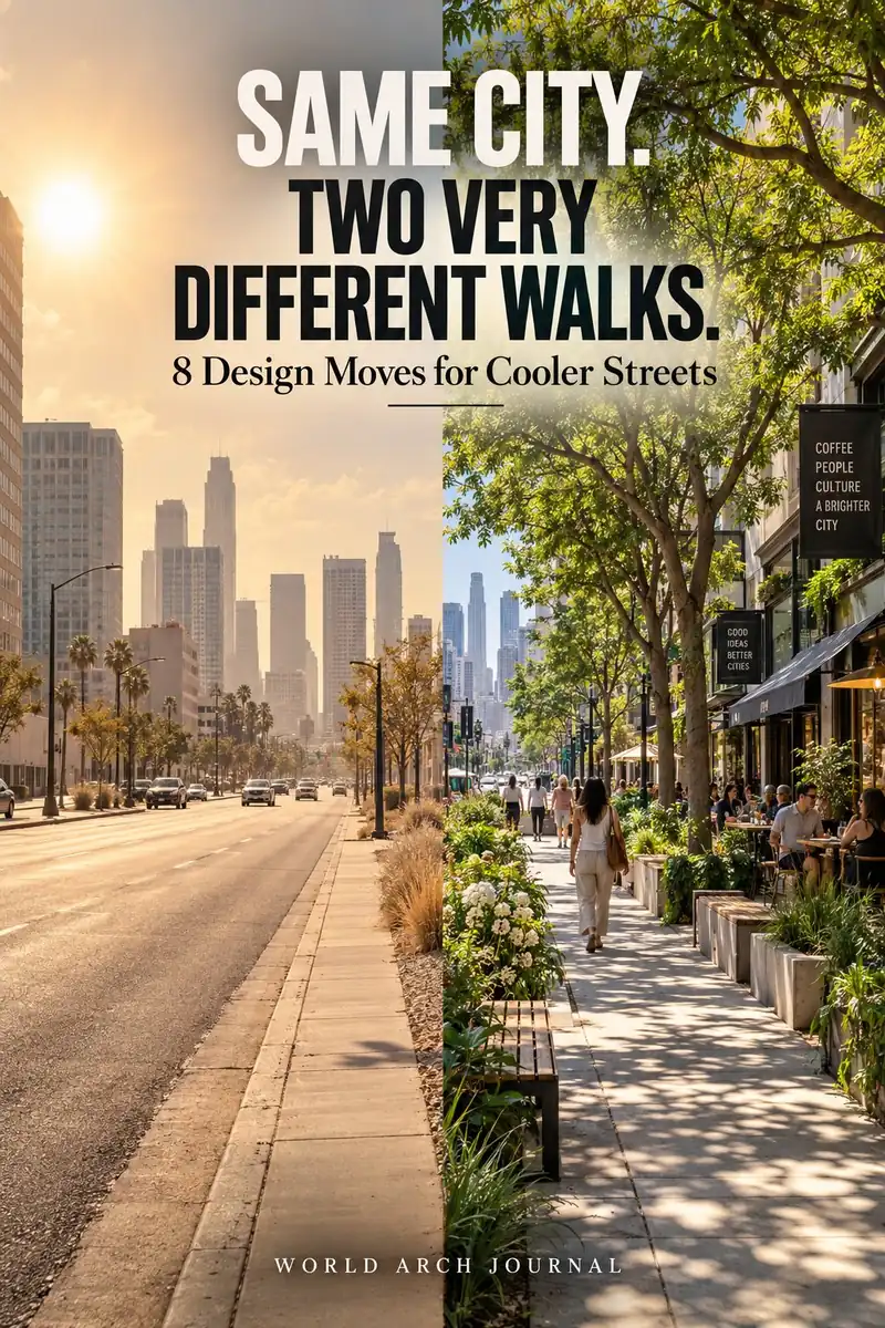 World Arch Journal cover: Same City. Two Very Different Walks. 8 design moves for cooler streets — a split view of a hot arterial road and a shaded walkable street