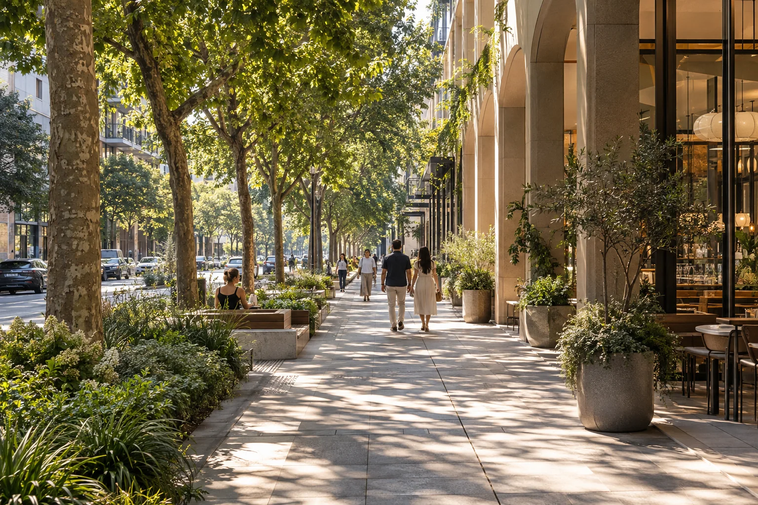 Conceptual editorial image of a tree-shaded pedestrian street with planted edges and building arcades