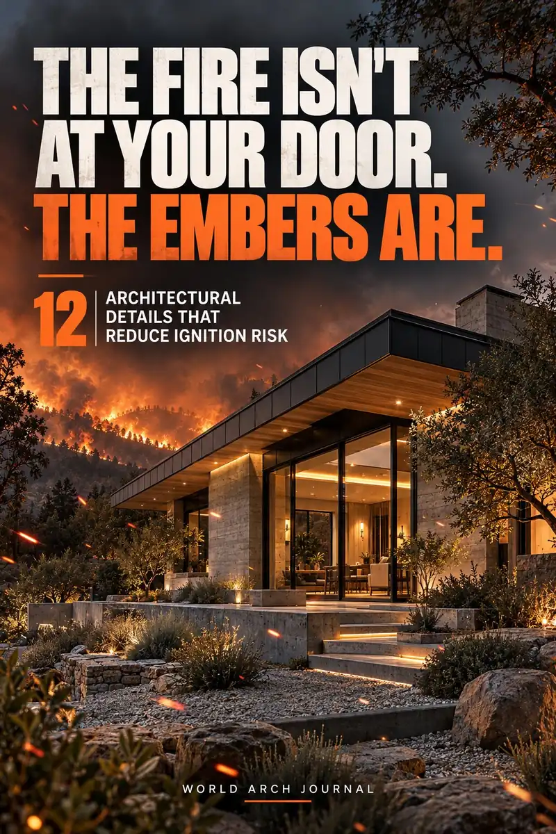 World Arch Journal cover: The Fire Is Not at Your Door. The Embers Are. 12 architectural details that reduce ignition risk — a house with wildfire burning on the ridge behind it